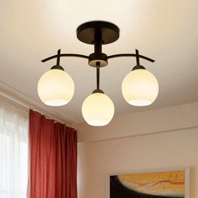 Traditional Sphere Semi Flush Frost Glass Ceiling Mount Chandelier in Black for Living Room 3 Black Clearhalo 'Ceiling Lights' 'Close To Ceiling Lights' 'Close to ceiling' 'Glass shade' 'Glass' 'Semi-flushmount' Lighting' 2092281