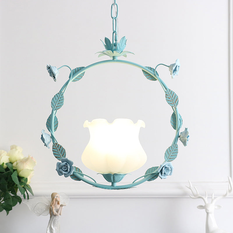 Pastoral Bud Ceiling Light Single-Bulb Cream Glass Hanging Pendant Light with Floral Hoop Blue Clearhalo 'Ceiling Lights' 'Glass shade' 'Glass' 'Pendant Lights' 'Pendants' Lighting' 2092308