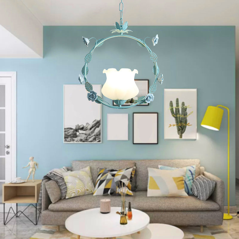 Pastoral Bud Ceiling Light Single-Bulb Cream Glass Hanging Pendant Light with Floral Hoop Clearhalo 'Ceiling Lights' 'Glass shade' 'Glass' 'Pendant Lights' 'Pendants' Lighting' 2092309