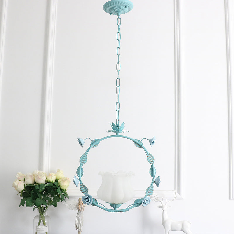 Pastoral Bud Ceiling Light Single-Bulb Cream Glass Hanging Pendant Light with Floral Hoop Clearhalo 'Ceiling Lights' 'Glass shade' 'Glass' 'Pendant Lights' 'Pendants' Lighting' 2092311