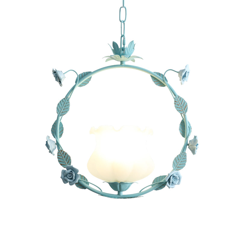 Pastoral Bud Ceiling Light Single-Bulb Cream Glass Hanging Pendant Light with Floral Hoop Clearhalo 'Ceiling Lights' 'Glass shade' 'Glass' 'Pendant Lights' 'Pendants' Lighting' 2092312