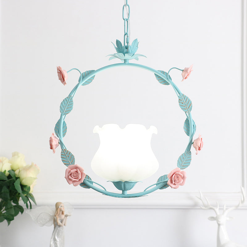 Pastoral Bud Ceiling Light Single-Bulb Cream Glass Hanging Pendant Light with Floral Hoop Pink Clearhalo 'Ceiling Lights' 'Glass shade' 'Glass' 'Pendant Lights' 'Pendants' Lighting' 2092313