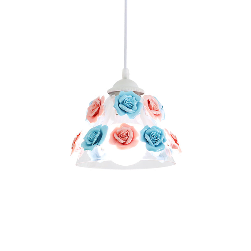 1-Light Pendant Lighting Korean Garden Rose Ceramic Suspension Light Fixture for Bedroom Blue-Pink Large Clearhalo 'Ceiling Lights' 'Close To Ceiling Lights' 'Glass shade' 'Glass' 'Pendant Lights' 'Pendants' Lighting' 2092319