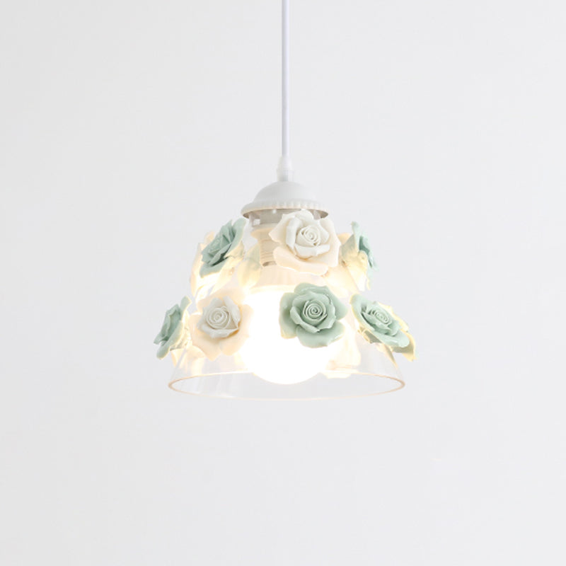 1-Light Pendant Lighting Korean Garden Rose Ceramic Suspension Light Fixture for Bedroom White-Green Large Clearhalo 'Ceiling Lights' 'Close To Ceiling Lights' 'Glass shade' 'Glass' 'Pendant Lights' 'Pendants' Lighting' 2092320