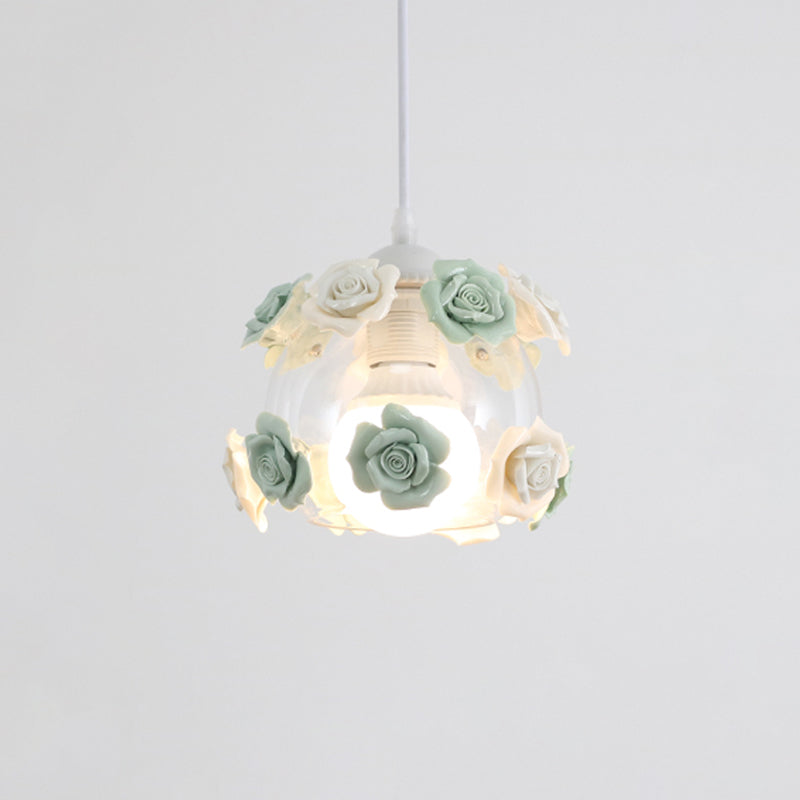 1-Light Pendant Lighting Korean Garden Rose Ceramic Suspension Light Fixture for Bedroom White-Green Small Clearhalo 'Ceiling Lights' 'Close To Ceiling Lights' 'Glass shade' 'Glass' 'Pendant Lights' 'Pendants' Lighting' 2092322