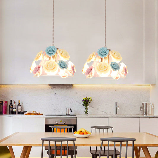 Rose Ceramic Suspension Light Pastoral Style Dining Room Pendant Light Fixture in Pink-Blue Clearhalo 'Ceiling Lights' 'Close To Ceiling Lights' 'Glass shade' 'Glass' 'Pendant Lights' 'Pendants' Lighting' 2092325