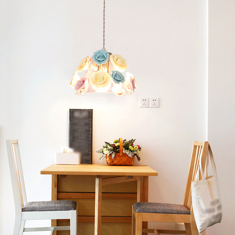 Rose Ceramic Suspension Light Pastoral Style Dining Room Pendant Light Fixture in Pink-Blue 1 Pink-Blue Clearhalo 'Ceiling Lights' 'Close To Ceiling Lights' 'Glass shade' 'Glass' 'Pendant Lights' 'Pendants' Lighting' 2092326