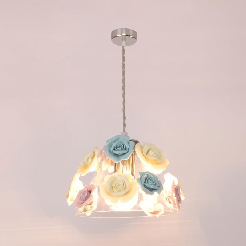 Rose Ceramic Suspension Light Pastoral Style Dining Room Pendant Light Fixture in Pink-Blue Clearhalo 'Ceiling Lights' 'Close To Ceiling Lights' 'Glass shade' 'Glass' 'Pendant Lights' 'Pendants' Lighting' 2092327