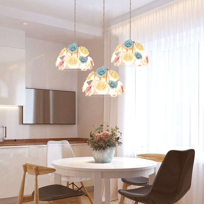 Rose Ceramic Suspension Light Pastoral Style Dining Room Pendant Light Fixture in Pink-Blue 3 Pink-Blue Clearhalo 'Ceiling Lights' 'Close To Ceiling Lights' 'Glass shade' 'Glass' 'Pendant Lights' 'Pendants' Lighting' 2092328