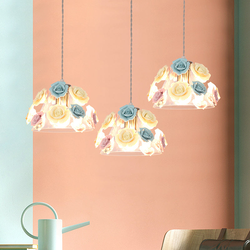Rose Ceramic Suspension Light Pastoral Style Dining Room Pendant Light Fixture in Pink-Blue Clearhalo 'Ceiling Lights' 'Close To Ceiling Lights' 'Glass shade' 'Glass' 'Pendant Lights' 'Pendants' Lighting' 2092329