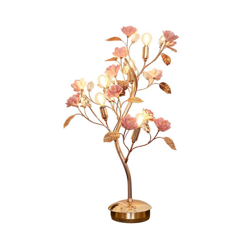 Floral Ceramic Table Light Pastoral Style Living Room Nightstand Lamp with Decorative Crystal Clearhalo 'Lamps' 'Table Lamps' Lighting' 2092369