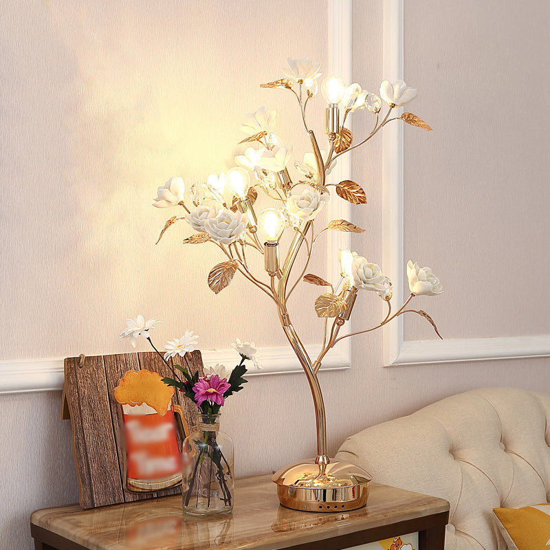 Floral Ceramic Table Light Pastoral Style Living Room Nightstand Lamp with Decorative Crystal White A Clearhalo 'Lamps' 'Table Lamps' Lighting' 2092371