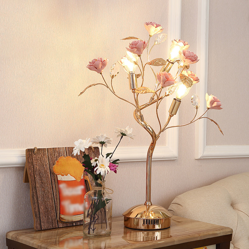Floral Ceramic Table Light Pastoral Style Living Room Nightstand Lamp with Decorative Crystal Pink B Clearhalo 'Lamps' 'Table Lamps' Lighting' 2092373