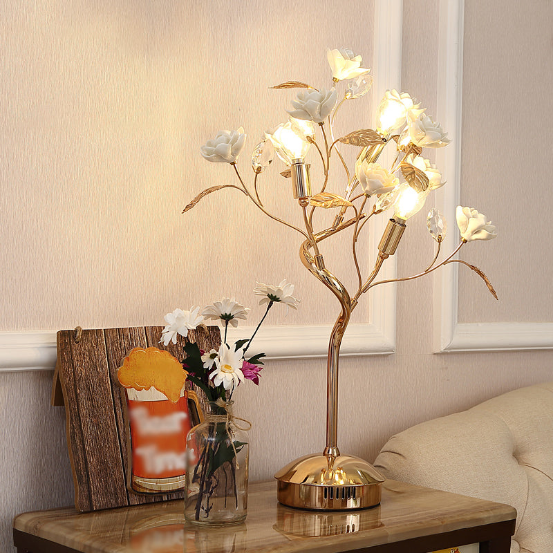 Floral Ceramic Table Light Pastoral Style Living Room Nightstand Lamp with Decorative Crystal White B Clearhalo 'Lamps' 'Table Lamps' Lighting' 2092374