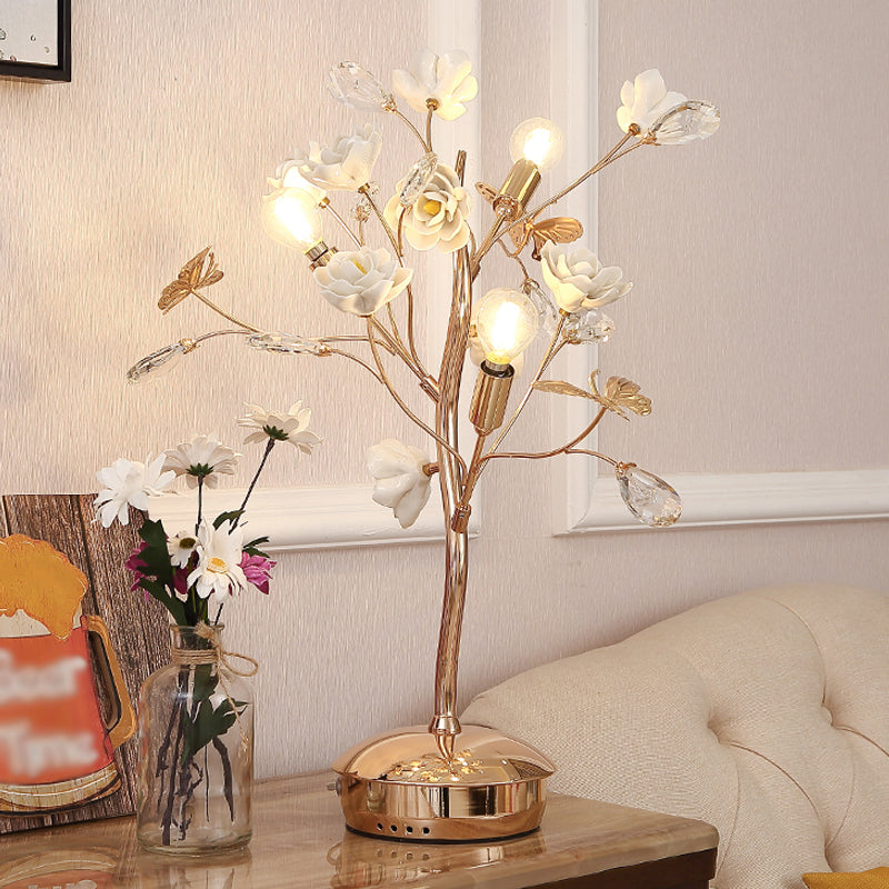 Floral Ceramic Table Light Pastoral Style Living Room Nightstand Lamp with Decorative Crystal White C Clearhalo 'Lamps' 'Table Lamps' Lighting' 2092378