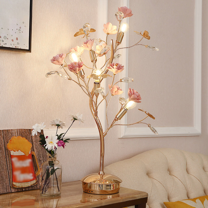 Floral Ceramic Table Light Pastoral Style Living Room Nightstand Lamp with Decorative Crystal Pink D Clearhalo 'Lamps' 'Table Lamps' Lighting' 2092380