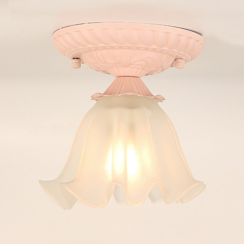 Frost Glass Ruffle Semi Flush Pastoral Single-Bulb Bedroom Flush Ceiling Light Fixture Clearhalo 'Ceiling Lights' 'Close To Ceiling Lights' 'Close to ceiling' 'Glass shade' 'Glass' 'Semi-flushmount' Lighting' 2092383