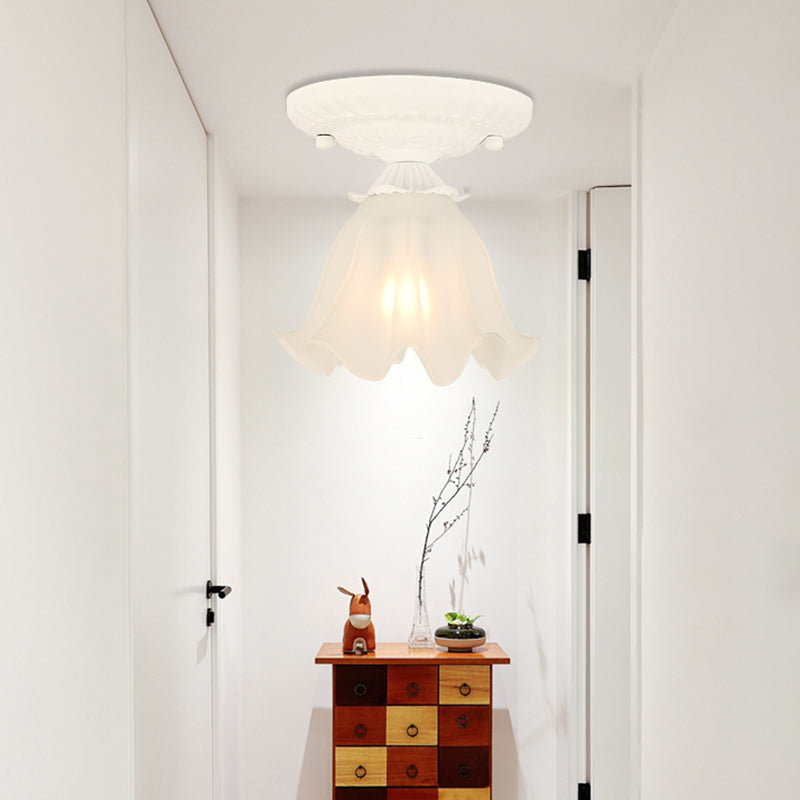 Frost Glass Ruffle Semi Flush Pastoral Single-Bulb Bedroom Flush Ceiling Light Fixture White Clearhalo 'Ceiling Lights' 'Close To Ceiling Lights' 'Close to ceiling' 'Glass shade' 'Glass' 'Semi-flushmount' Lighting' 2092386