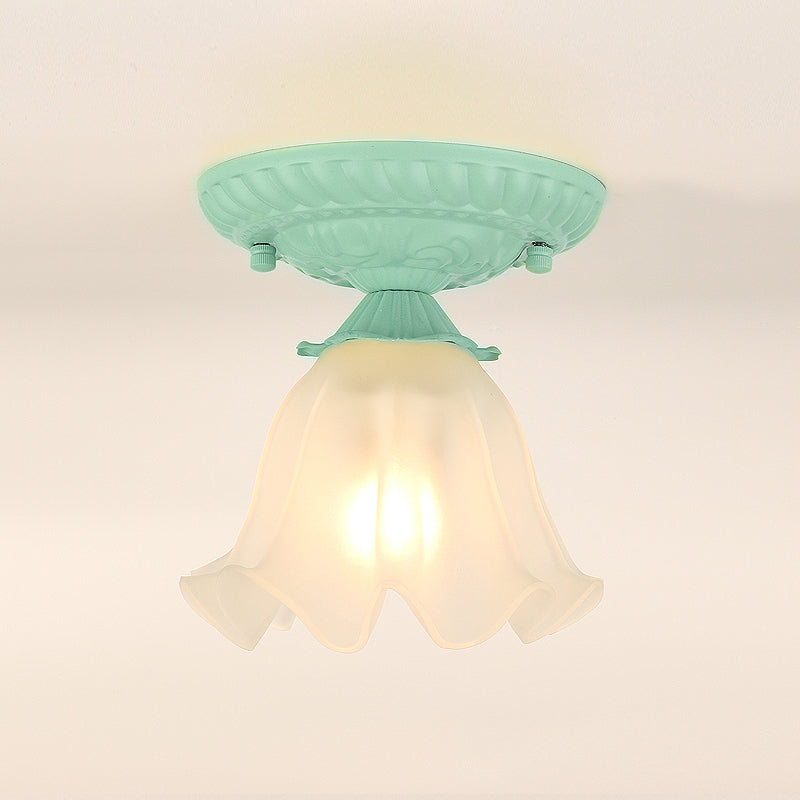 Frost Glass Ruffle Semi Flush Pastoral Single-Bulb Bedroom Flush Ceiling Light Fixture Green Clearhalo 'Ceiling Lights' 'Close To Ceiling Lights' 'Close to ceiling' 'Glass shade' 'Glass' 'Semi-flushmount' Lighting' 2092389