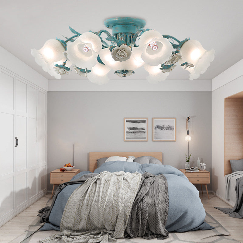 Korean Garden Flower Semi Flush Mount Frost Glass Ceiling Mounted Light for Bedroom Clearhalo 'Ceiling Lights' 'Chandeliers' 'Close To Ceiling Lights' 'Close to ceiling' 'Glass shade' 'Glass' 'Semi-flushmount' Lighting' 2092392