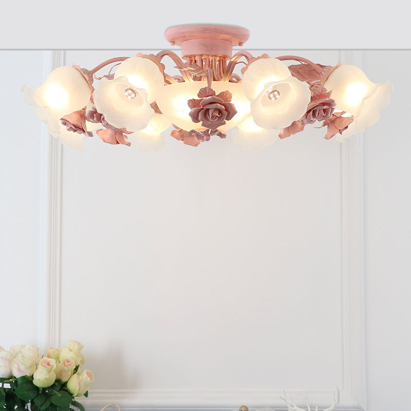 Korean Garden Flower Semi Flush Mount Frost Glass Ceiling Mounted Light for Bedroom Clearhalo 'Ceiling Lights' 'Chandeliers' 'Close To Ceiling Lights' 'Close to ceiling' 'Glass shade' 'Glass' 'Semi-flushmount' Lighting' 2092395