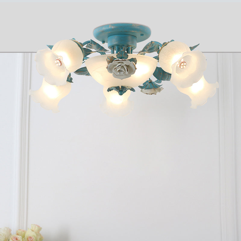 Korean Garden Flower Semi Flush Mount Frost Glass Ceiling Mounted Light for Bedroom Clearhalo 'Ceiling Lights' 'Chandeliers' 'Close To Ceiling Lights' 'Close to ceiling' 'Glass shade' 'Glass' 'Semi-flushmount' Lighting' 2092397