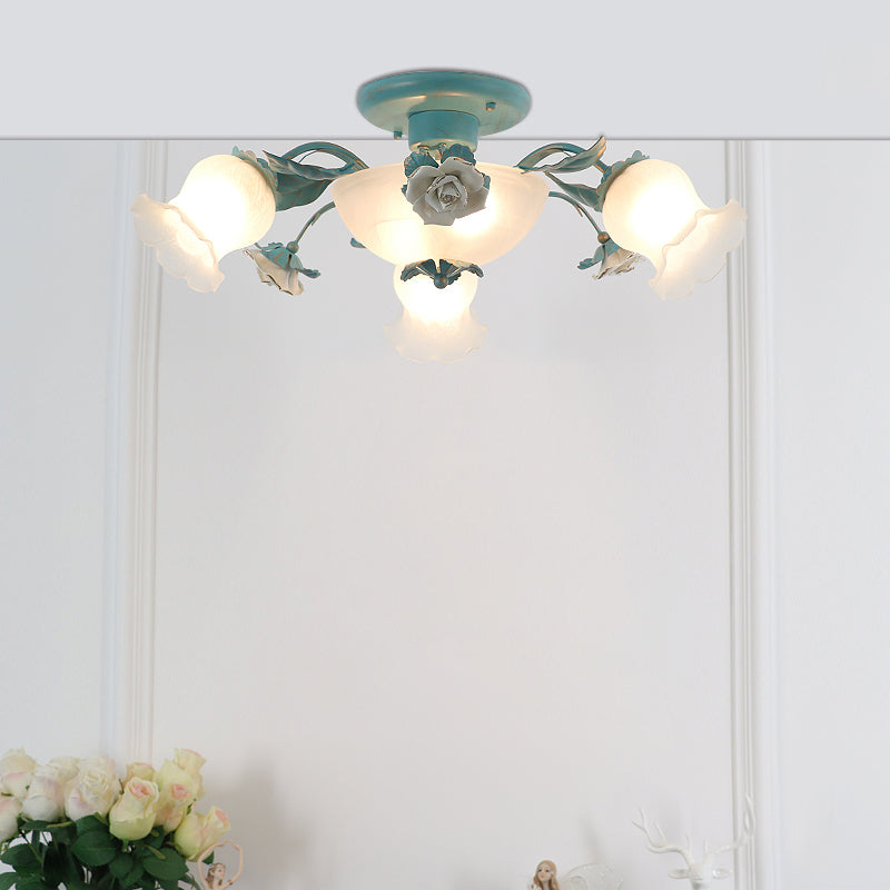 Korean Garden Flower Semi Flush Mount Frost Glass Ceiling Mounted Light for Bedroom Clearhalo 'Ceiling Lights' 'Chandeliers' 'Close To Ceiling Lights' 'Close to ceiling' 'Glass shade' 'Glass' 'Semi-flushmount' Lighting' 2092400