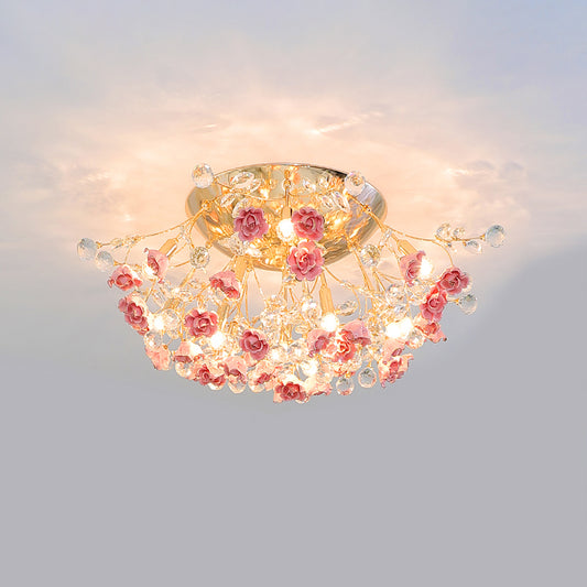 Pastoral Style Rosebush Ceiling Light Ceramic Semi Flush Light Fixture with Crystal Decor 13 Pink Clearhalo 'Ceiling Lights' 'Close To Ceiling Lights' 'Close to ceiling' 'Semi-flushmount' Lighting' 2092420