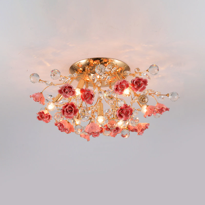Pastoral Style Rosebush Ceiling Light Ceramic Semi Flush Light Fixture with Crystal Decor 7 Pink Clearhalo 'Ceiling Lights' 'Close To Ceiling Lights' 'Close to ceiling' 'Semi-flushmount' Lighting' 2092422