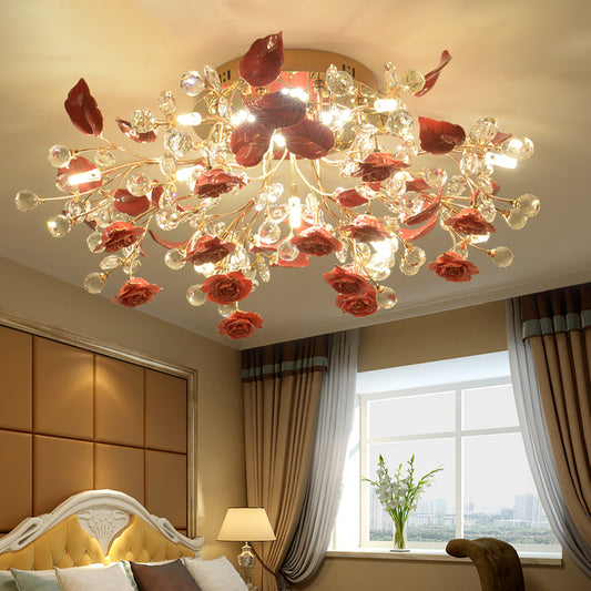 Rose Ceramic Semi Flush Pastoral Living Room Flush Ceiling Light Fixture with Decorative Crystal Clearhalo 'Ceiling Lights' 'Close To Ceiling Lights' 'Close to ceiling' 'Semi-flushmount' Lighting' 2092428