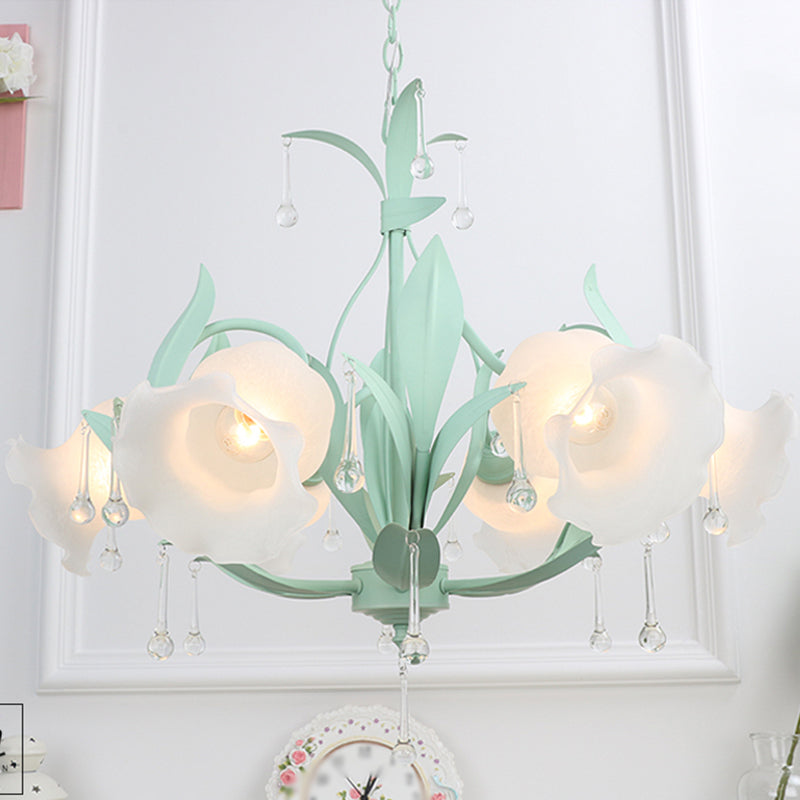 Frost Glass Floral Shaped Ceiling Lighting Korean Garden Living Room Chandelier Light Fixture with Droplet Decor Clearhalo 'Ceiling Lights' 'Chandeliers' Lighting' options 2092432