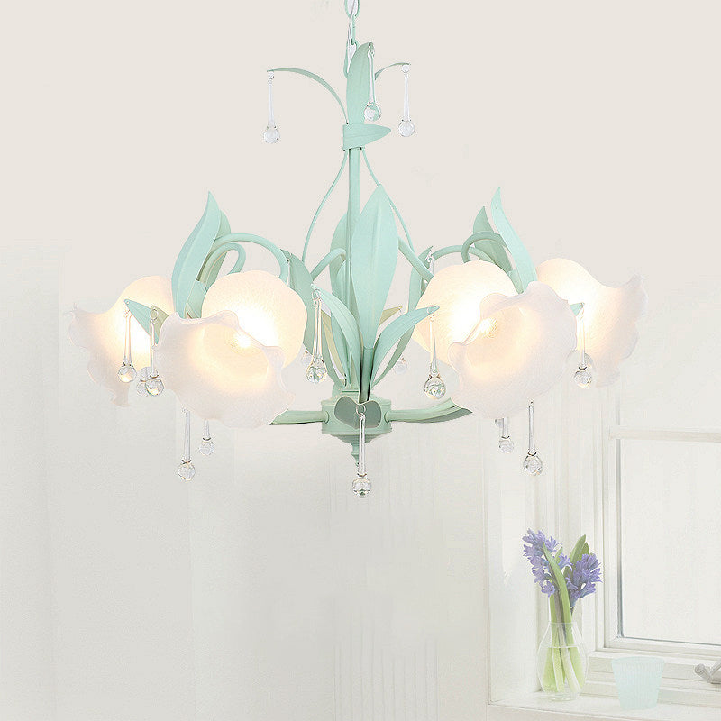 Frost Glass Floral Shaped Ceiling Lighting Korean Garden Living Room Chandelier Light Fixture with Droplet Decor Clearhalo 'Ceiling Lights' 'Chandeliers' Lighting' options 2092433