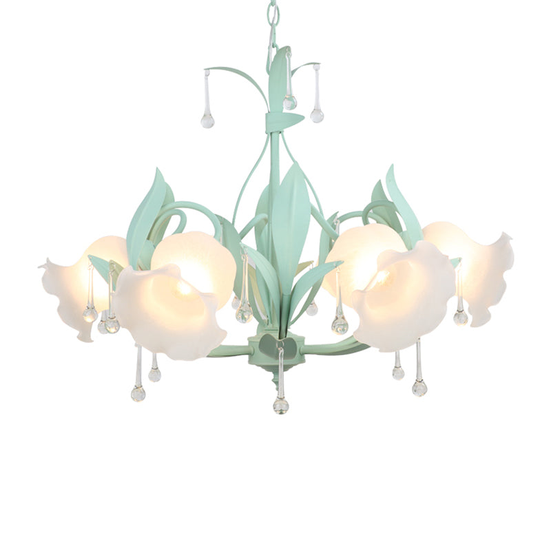 Frost Glass Floral Shaped Ceiling Lighting Korean Garden Living Room Chandelier Light Fixture with Droplet Decor Clearhalo 'Ceiling Lights' 'Chandeliers' Lighting' options 2092434