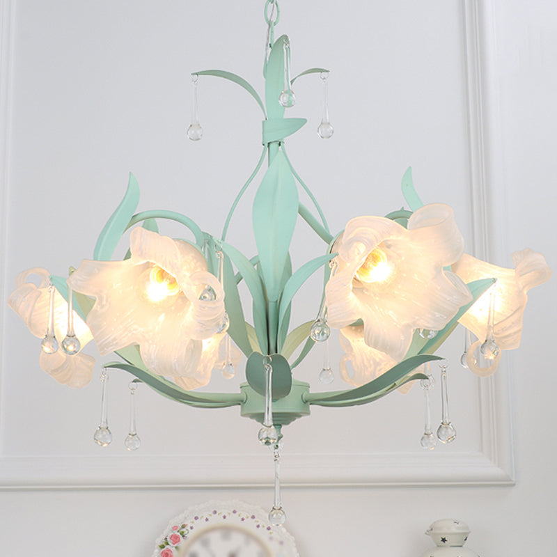 Frost Glass Floral Shaped Ceiling Lighting Korean Garden Living Room Chandelier Light Fixture with Droplet Decor Clearhalo 'Ceiling Lights' 'Chandeliers' Lighting' options 2092435