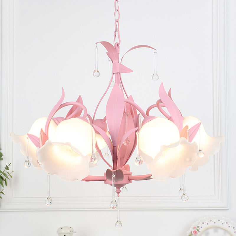 Frost Glass Floral Shaped Ceiling Lighting Korean Garden Living Room Chandelier Light Fixture with Droplet Decor 6 Pink A Clearhalo 'Ceiling Lights' 'Chandeliers' Lighting' options 2092436_087aabfe-782b-4c39-8e5a-d0848ae1e8bc