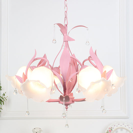 Frost Glass Floral Shaped Ceiling Lighting Korean Garden Living Room Chandelier Light Fixture with Droplet Decor Clearhalo 'Ceiling Lights' 'Chandeliers' Lighting' options 2092436