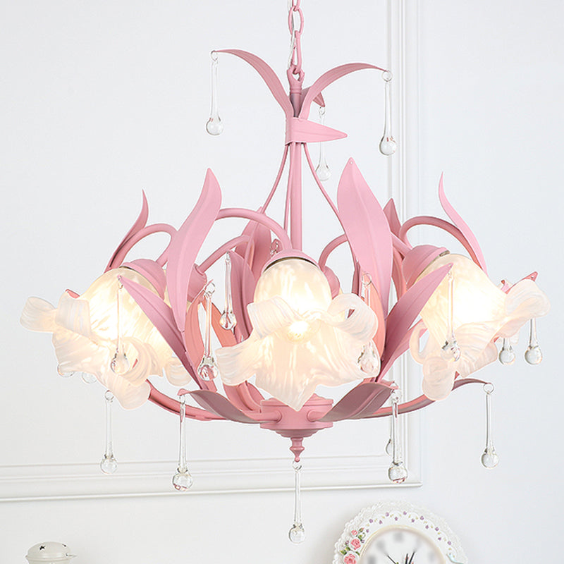 Frost Glass Floral Shaped Ceiling Lighting Korean Garden Living Room Chandelier Light Fixture with Droplet Decor Clearhalo 'Ceiling Lights' 'Chandeliers' Lighting' options 2092437