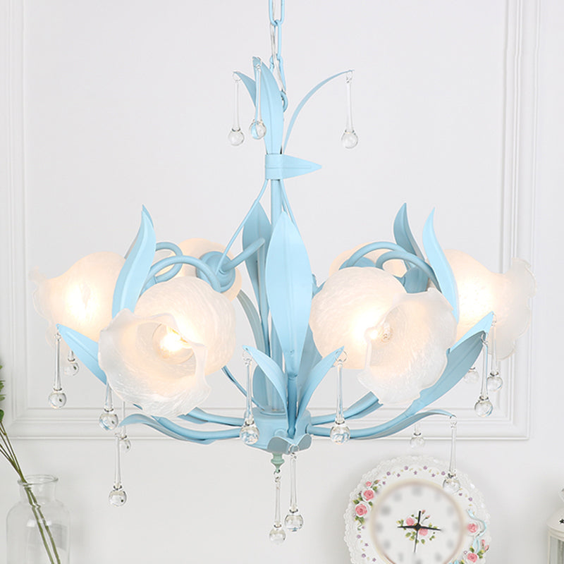 Frost Glass Floral Shaped Ceiling Lighting Korean Garden Living Room  Chandelier Light Fixture with Droplet Decor - Clearhalo