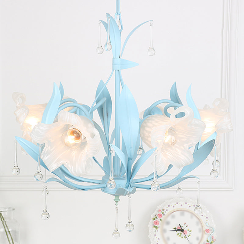 Frost Glass Floral Shaped Ceiling Lighting Korean Garden Living Room Chandelier Light Fixture with Droplet Decor Clearhalo 'Ceiling Lights' 'Chandeliers' Lighting' options 2092439