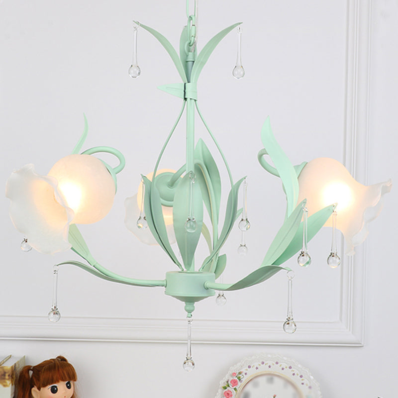 Frost Glass Floral Shaped Ceiling Lighting Korean Garden Living Room Chandelier Light Fixture with Droplet Decor 3 Green A Clearhalo 'Ceiling Lights' 'Chandeliers' Lighting' options 2092440_d32c9b70-1a98-418f-be01-e04bb8906c50