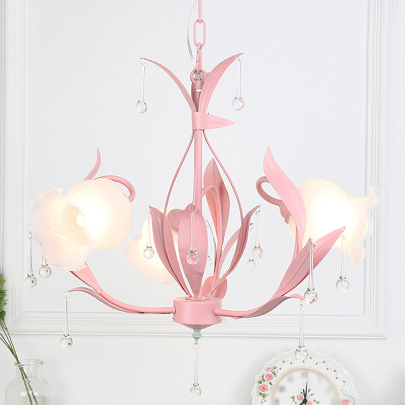 Frost Glass Floral Shaped Ceiling Lighting Korean Garden Living Room  Chandelier Light Fixture with Droplet Decor - Clearhalo