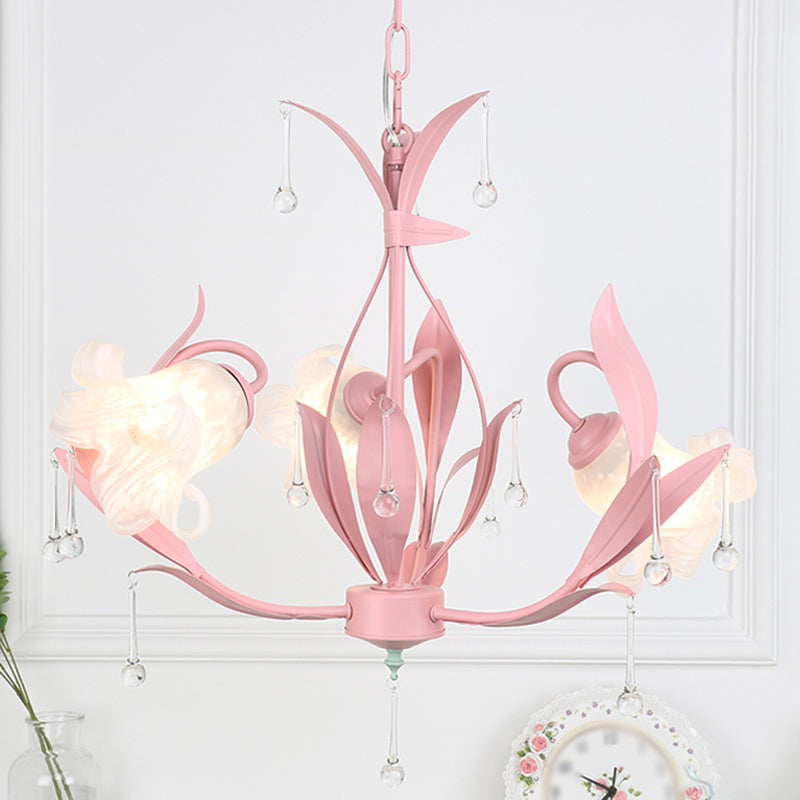 Frost Glass Floral Shaped Ceiling Lighting Korean Garden Living Room Chandelier Light Fixture with Droplet Decor Clearhalo 'Ceiling Lights' 'Chandeliers' Lighting' options 2092443