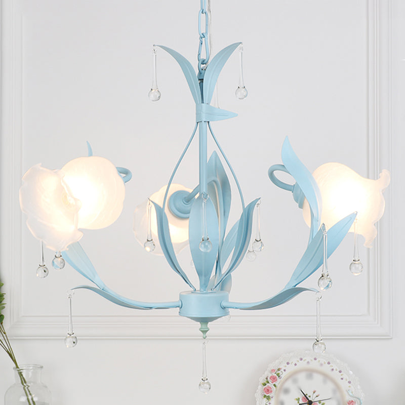 Frost Glass Floral Shaped Ceiling Lighting Korean Garden Living Room  Chandelier Light Fixture with Droplet Decor - Clearhalo