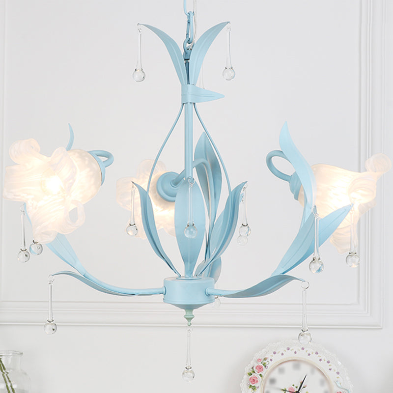 Frost Glass Floral Shaped Ceiling Lighting Korean Garden Living Room Chandelier Light Fixture with Droplet Decor Clearhalo 'Ceiling Lights' 'Chandeliers' Lighting' options 2092445