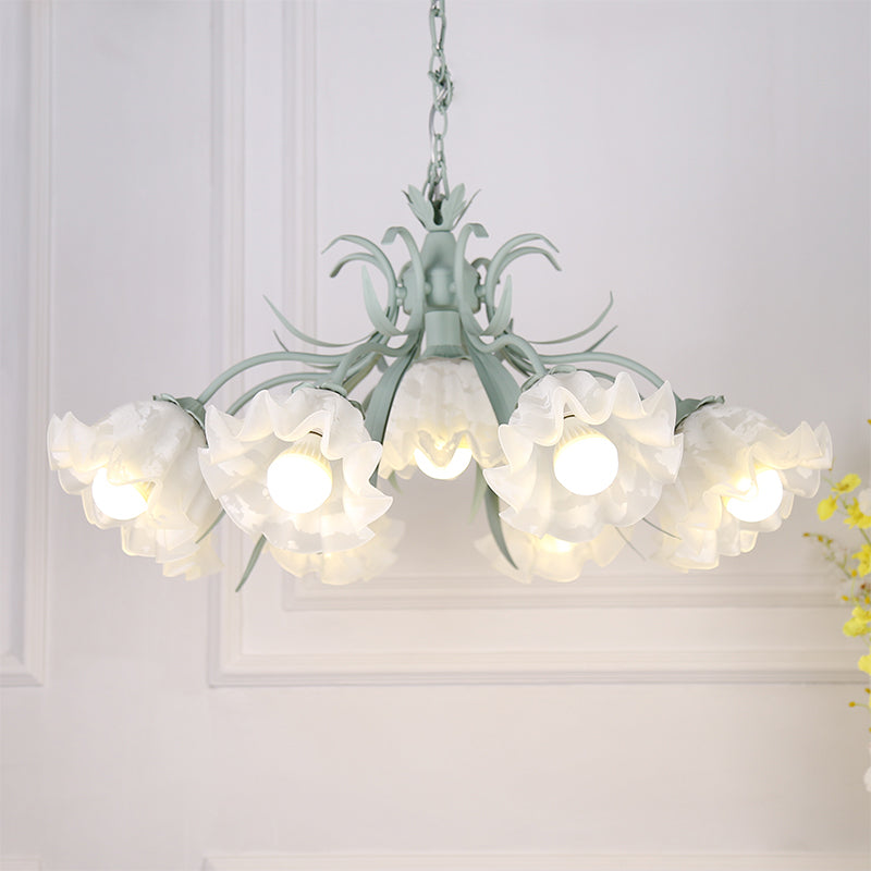 Pastoral Style Floral Chandelier Pendant Light Cream Glass Hanging Light for Dining Room Clearhalo 'Ceiling Lights' 'Chandeliers' 'Glass shade' 'Glass' Lighting' 2092447