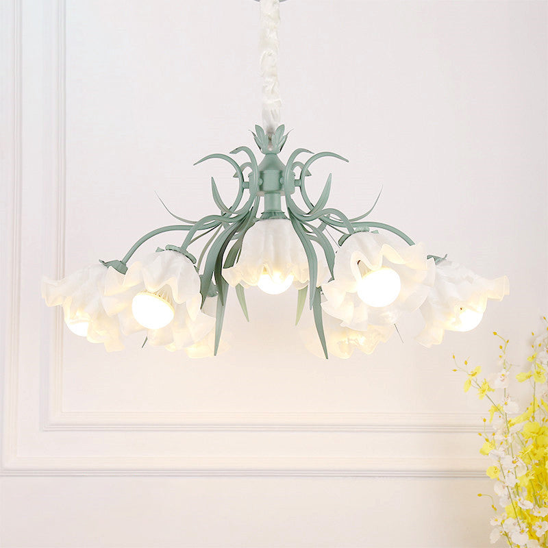 Pastoral Style Floral Chandelier Pendant Light Cream Glass Hanging Light for Dining Room 7 Green Clearhalo 'Ceiling Lights' 'Chandeliers' 'Glass shade' 'Glass' Lighting' 2092449