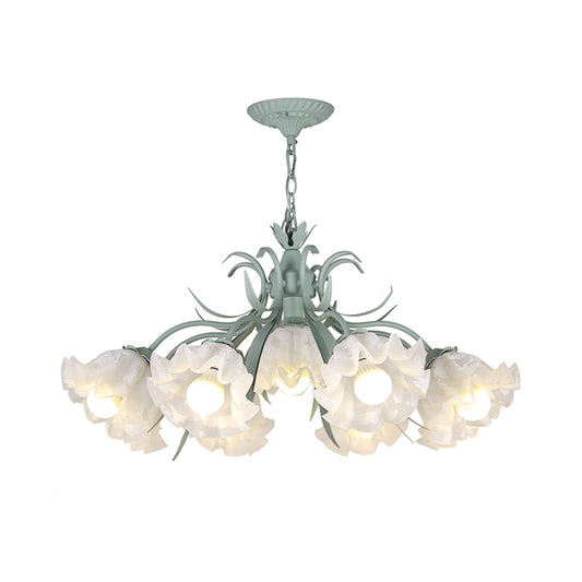 Pastoral Style Floral Chandelier Pendant Light Cream Glass Hanging Light for Dining Room Clearhalo 'Ceiling Lights' 'Chandeliers' 'Glass shade' 'Glass' Lighting' 2092450