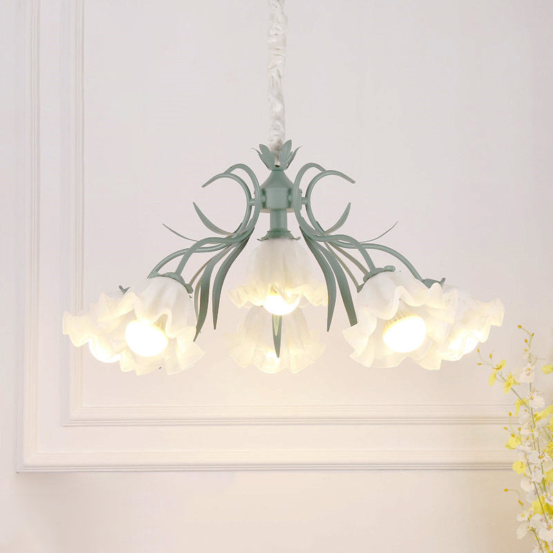Pastoral Style Floral Chandelier Pendant Light Cream Glass Hanging Light for Dining Room 6 Green Clearhalo 'Ceiling Lights' 'Chandeliers' 'Glass shade' 'Glass' Lighting' 2092451