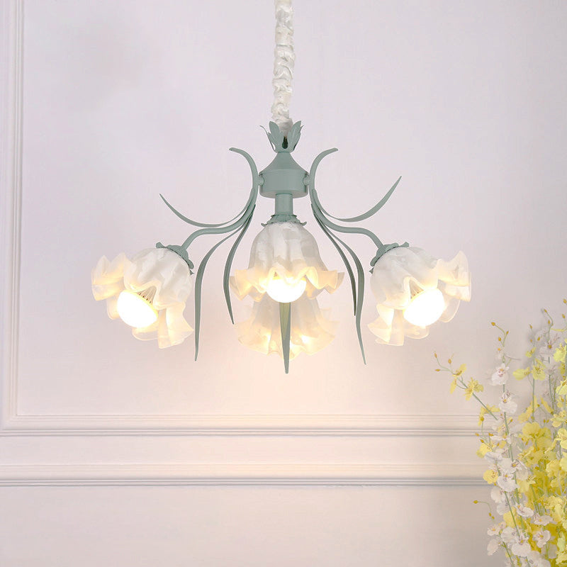 Pastoral Style Floral Chandelier Pendant Light Cream Glass Hanging Light for Dining Room 4 Green Clearhalo 'Ceiling Lights' 'Chandeliers' 'Glass shade' 'Glass' Lighting' 2092452