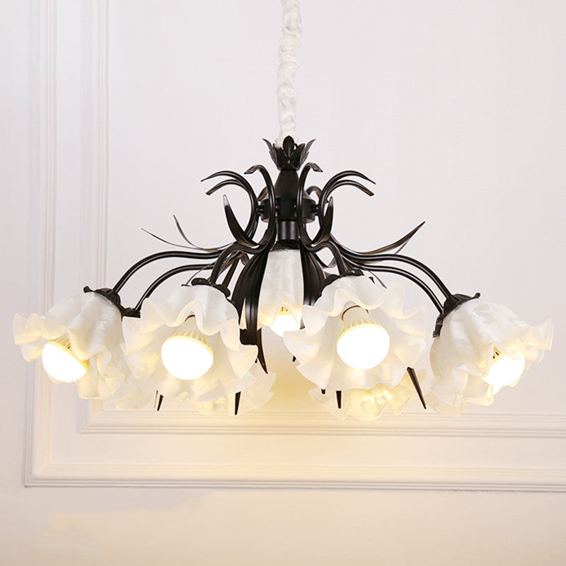 Pastoral Style Floral Chandelier Pendant Light Cream Glass Hanging Light for Dining Room 9 Black Clearhalo 'Ceiling Lights' 'Chandeliers' 'Glass shade' 'Glass' Lighting' 2092453